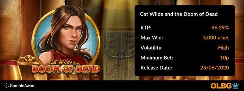 Cat Wilde and the Doom of Dead slot information banner: RTP, max win, volatility, minimum bet and release date