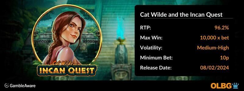 Cat Wilde and the Incan Quest slot information banner: RTP, max win, volatility, minimum bet and release date