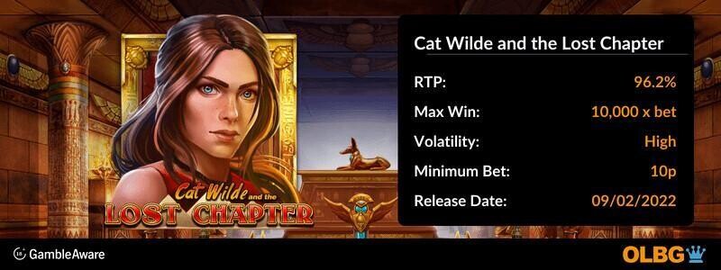 Cat Wilde and the Lost Chapter slot information banner: RTP, max win, volatility, minimum bet and release date
