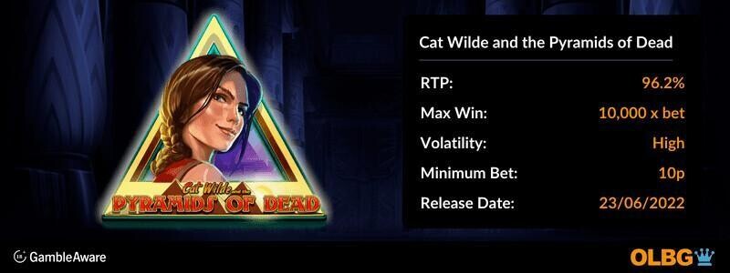 Cat Wilde and the Pyramids of Dead slot information banner: RTP, max win, volatility, minimum bet and release date
