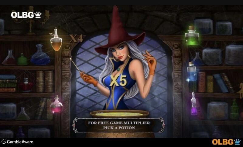 a game screenshot showing the Halloween Fortune slot pick a potion before the bonus round begins