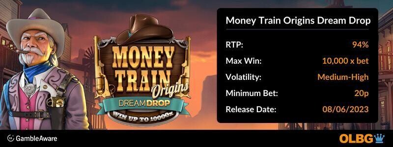 Money Train Origins Dream Drop slot information banner: RTP, max win, volatility, minimum bet and release date