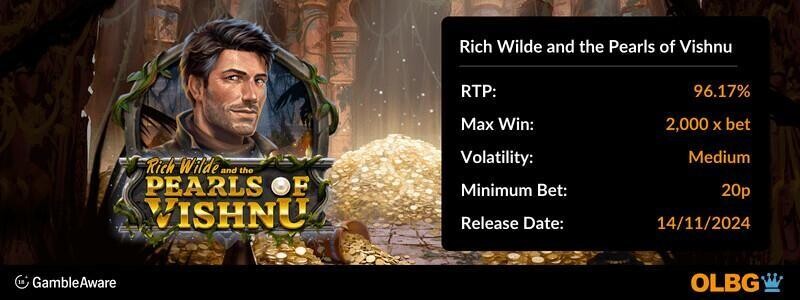Rich Wilde and the Pearls of Vishnu slot information banner: RTP, max win, volatility, minimum bet and release date