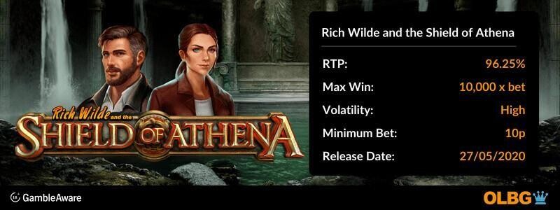 Rich Wilde and the Shield of Athena slot information banner: RTP, max win, volatility, minimum bet and release date