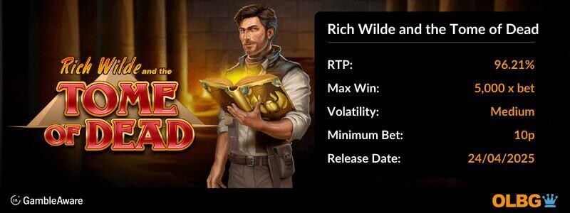 Rich Wilde and the Tome of Dead slot information banner: RTP, max win, volatility, minimum bet and release date