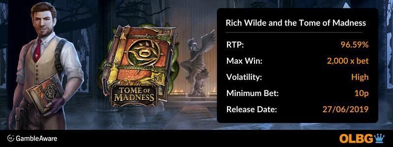 Rich Wilde and the Tome of Madness slot information banner: RTP, max win, volatility, minimum bet and release date