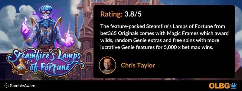 Steamfire’s Lamps of Fortune slot OLBG Rating banner