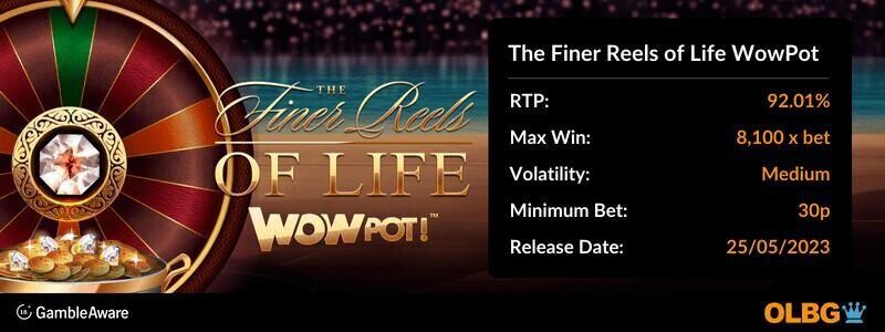 The Finer Reels of Life WowPot slot information banner: RTP, max win, volatility, minimum bet and release date