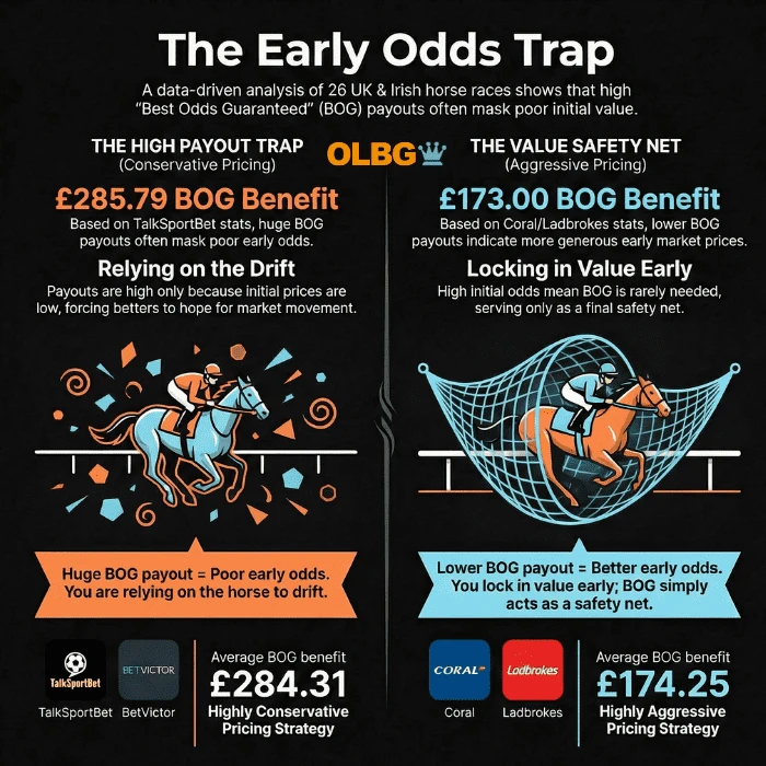 A square infographic titled 'The Early Odds Trap' comparing two different early pricing strategies from bookmakers. The left side, highlighted in red, shows TalkSportBet with a £285.79 BOG benefit, accompanied by text explaining that a huge BOG payout indicates poor early odds where bettors rely on the horse to drift . The right side, highlighted in green, shows Coral and Ladbrokes with a lower £173.00 BOG benefit, explaining that a lower BOG payout actually means better, highly aggressive early odds, allowing bettors to lock in value early while BOG simply acts as a safety net
