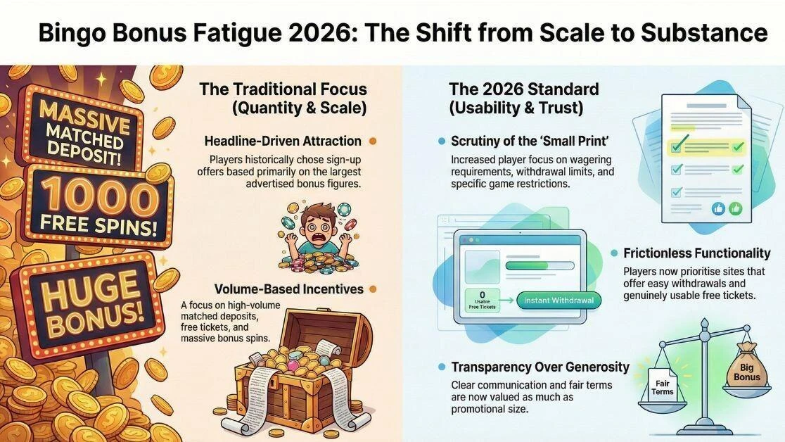 An infographic shoing the switch in bingo player habits in looking for the biggest best bonuses, to usability and trust signals when signing up to a site to play bingo online