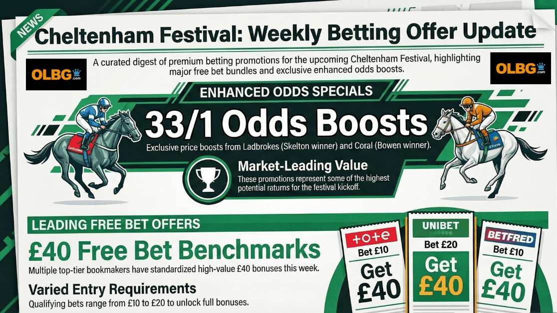 An infographic in OLBG brand colors summarizing the latest Cheltenham Festival betting promotions. Key offers displayed include a £50 free bet from Star Sports , 33/1 winner boosts from Ladbrokes and Coral , and updated £40 free bet deals from Tote, Unibet, and BetFred
