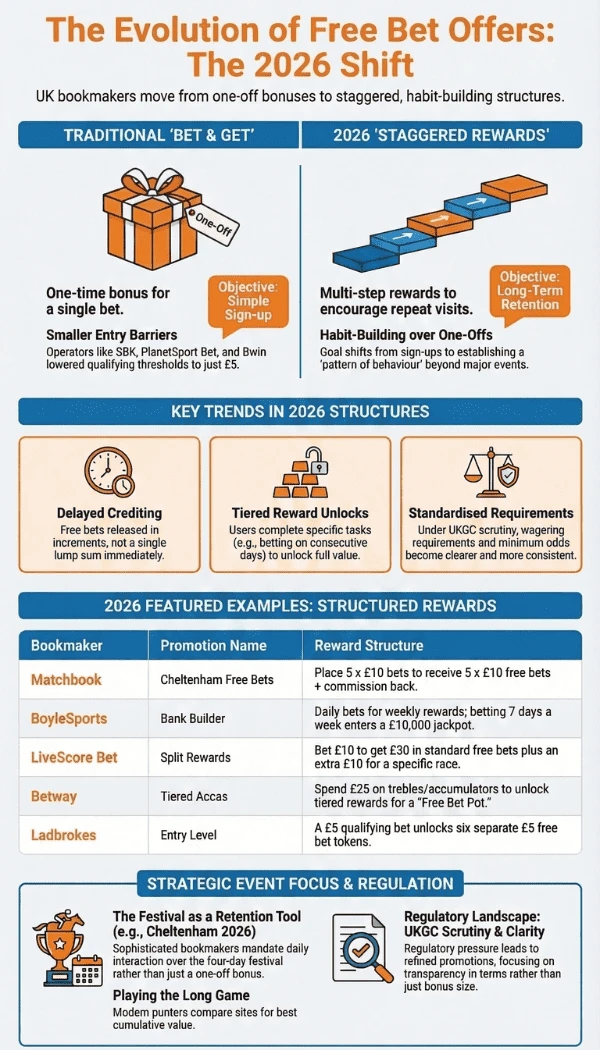 An infographic titled 'Are Free Bet Offers Becoming More Structured in 2026?' designed with OLBG branding using orange, blue, and dark grey accents. The visual details a shift in the UK betting landscape from traditional 'matched deposit' or simple 'Bet & Get' offers toward sophisticated, staggered reward structures. The infographic highlights four key modern trends: smaller initial qualifying bets (often starting at £5), delayed free bet crediting, tiered reward unlocks, and clearer minimum odds requirements. It explains that these strategies are designed for long-term bettor retention and building regular betting habits rather than just one-time acquisition. Specific examples from the sources are included: Matchbook: A 5x £10 structure for racing. BoyleSports: A 'Cheltenham Bank Builder' requiring daily qualifying bets to earn free bets and a share of a jackpot. Betway: A tiered system offering initial free bets plus extra rewards for spending on trebles or accumulators. The graphic emphasizes that bookmakers are using marquee events like the Cheltenham Festival as 'tentpoles' to establish betting patterns that they hope will continue after the event ends.
