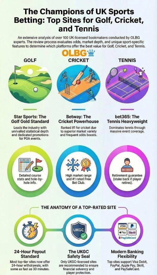A portrait-oriented infographic detailing the top UK betting sites for Golf, Cricket, and Tennis. The graphic is divided vertically into three distinct sections: Golf: Highlights Star Sports as the number one site, noting its unrivaled level of statistics . It also features BetFred and Coral as the next top contenders . Cricket: Showcases Betway as the top choice due to its excellent odds and huge market range , followed by Star Sports and William Hill . Tennis: Lists bet365 as the best overall option, mentioning its extensive event coverage and retirement guarantee , with Pub Sports and YetiBet ranked closely behind
