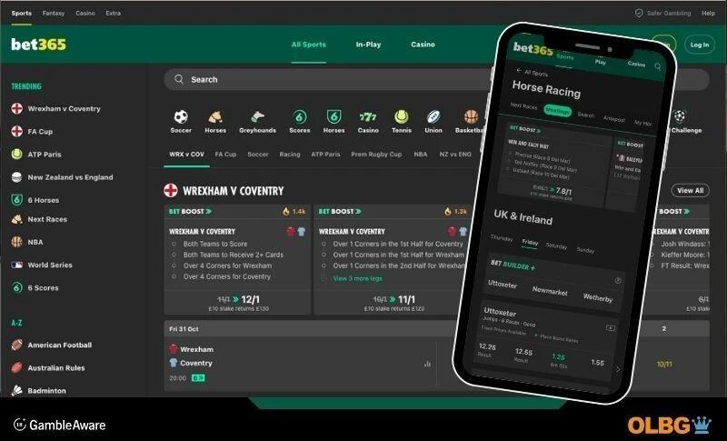 screenshots of both desktop and mobile view of the bet365 betting site