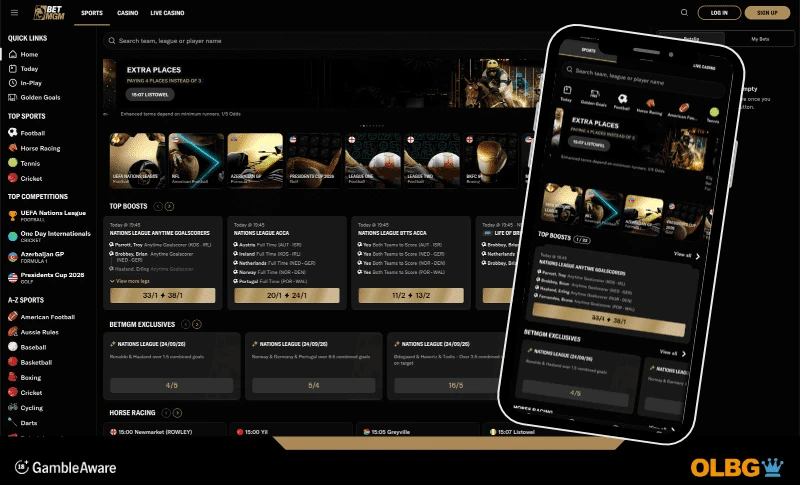 A mobile and desktop view of the BetMGM sports betting screen