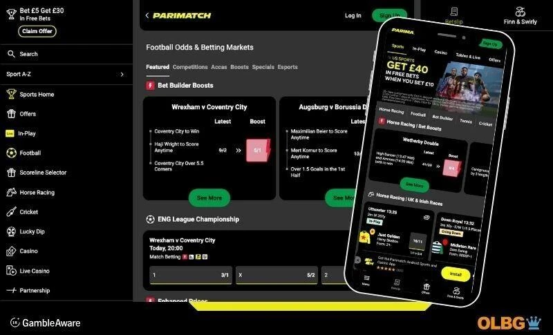 screenshots of both desktop and mobile view of the Parimatch betting site