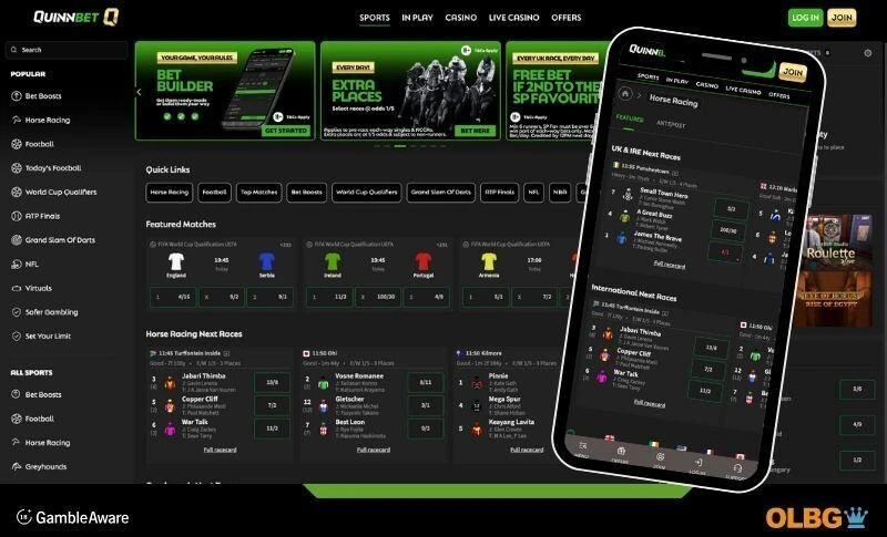 Desktop and mobile device screenshots of the quinnbet betting site