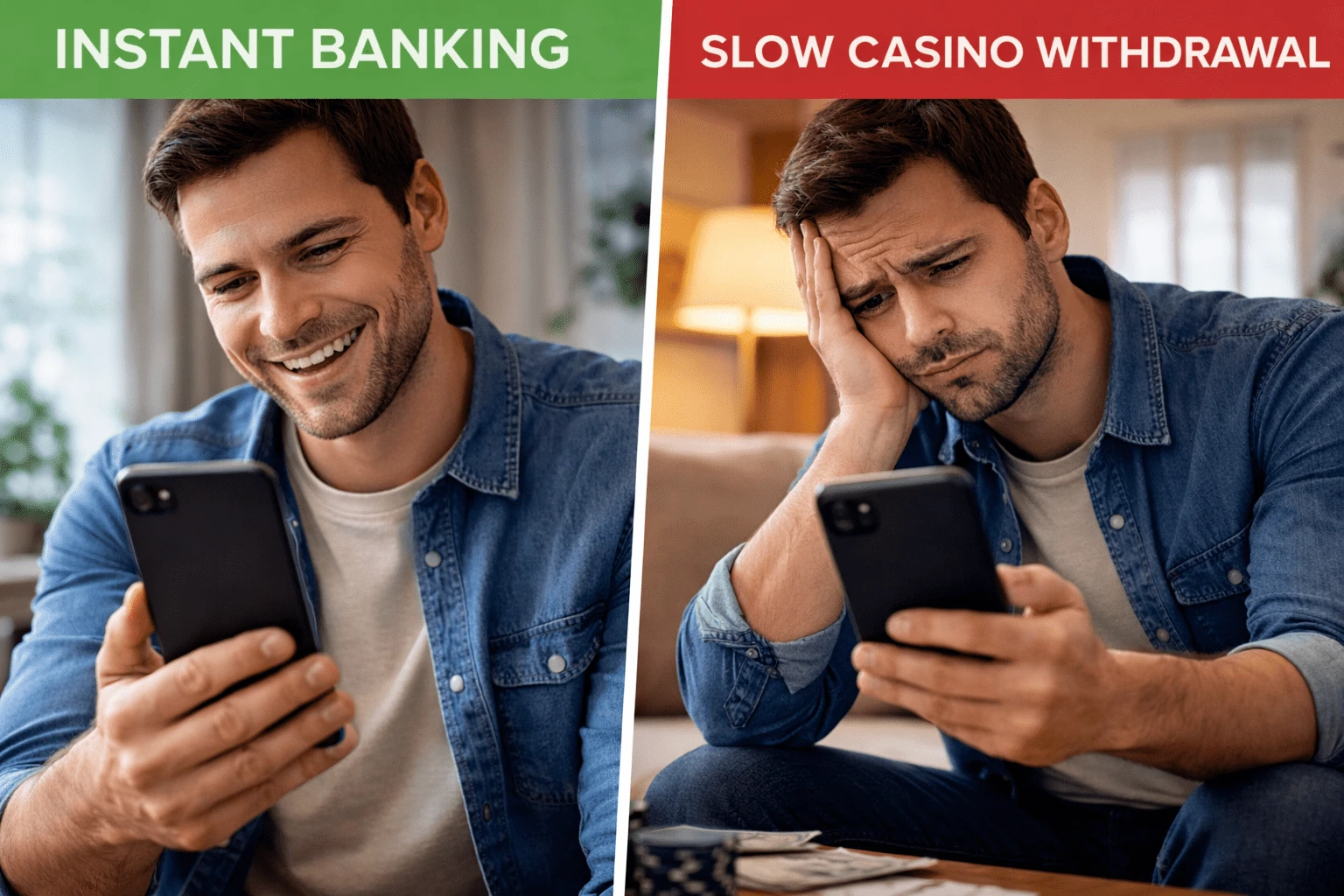An image showing the differing emotions casinos player might feel between fast and slow payouts from online casinos, He is sat in one screen looking happy with mobile phone in hand, as payment has completed quickly, and a head on hand image showing the alternative frustration of having to wait extended periods for payment to come through