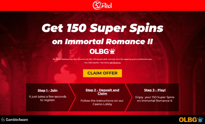 32Red Casino 150 Immortal Romance 2 Super Spins Welcome Offer banner