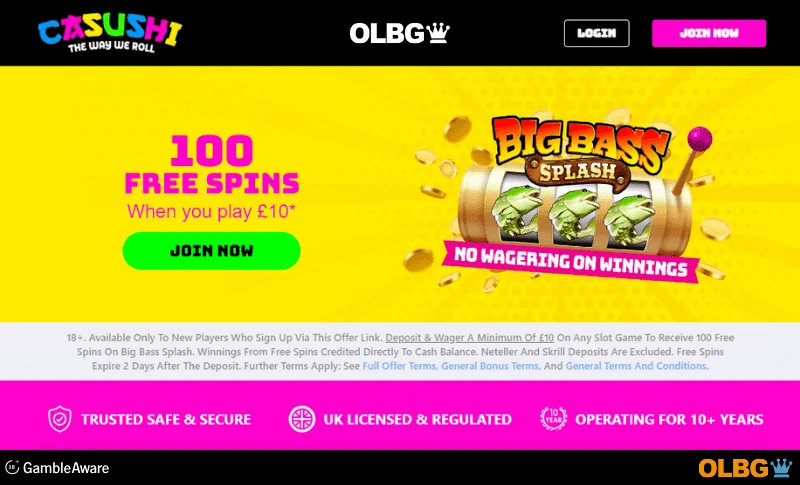 Casushi Casino 100 No Wager Free Spins Welcome Offer banner