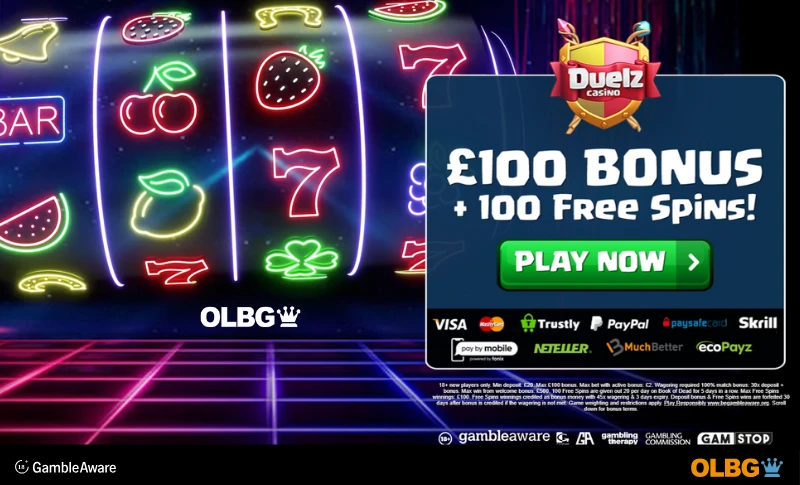 Duelz Casino 100% bonus up to £100 + 100 free spins welcome offer