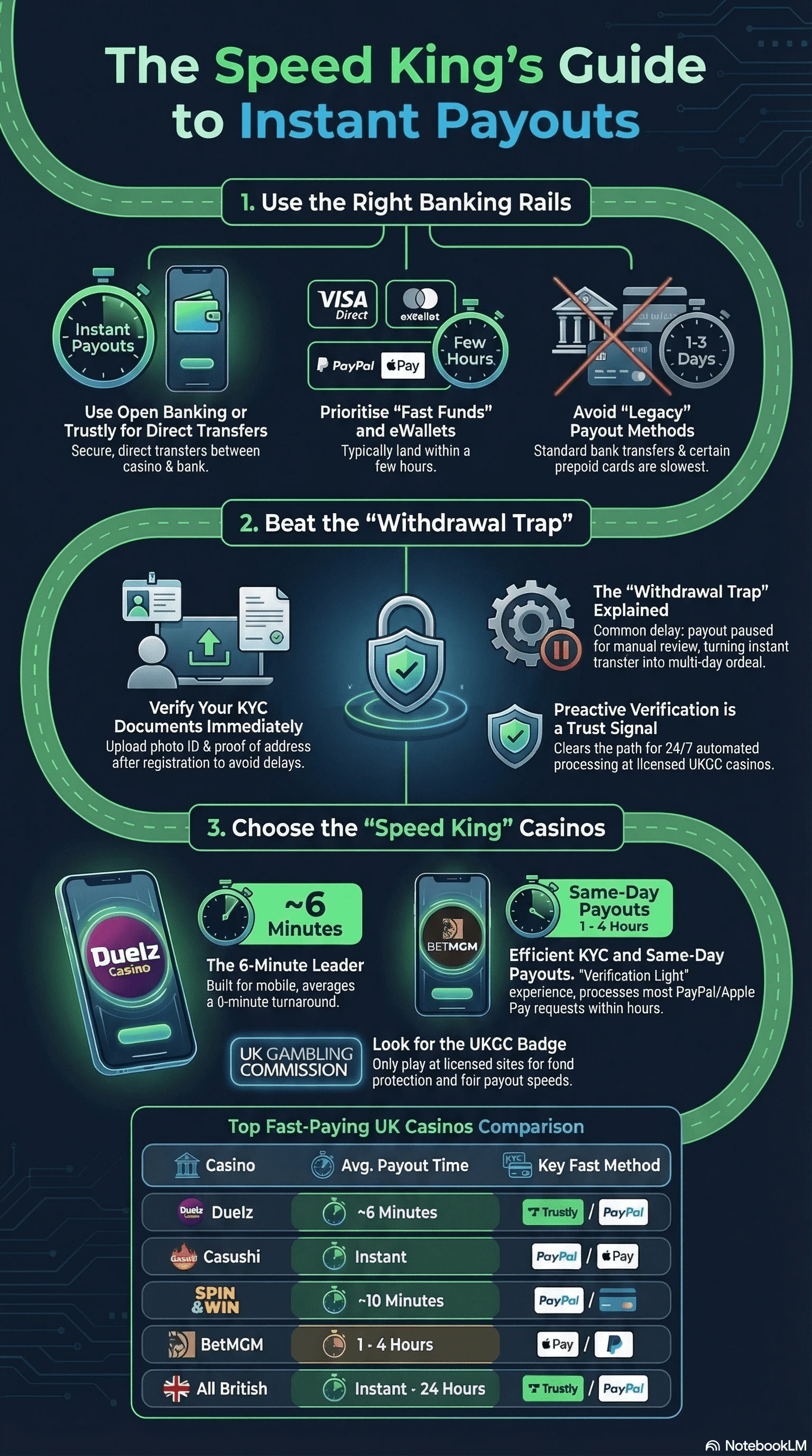 A mobile infographic showing casino payout speeds using various methods