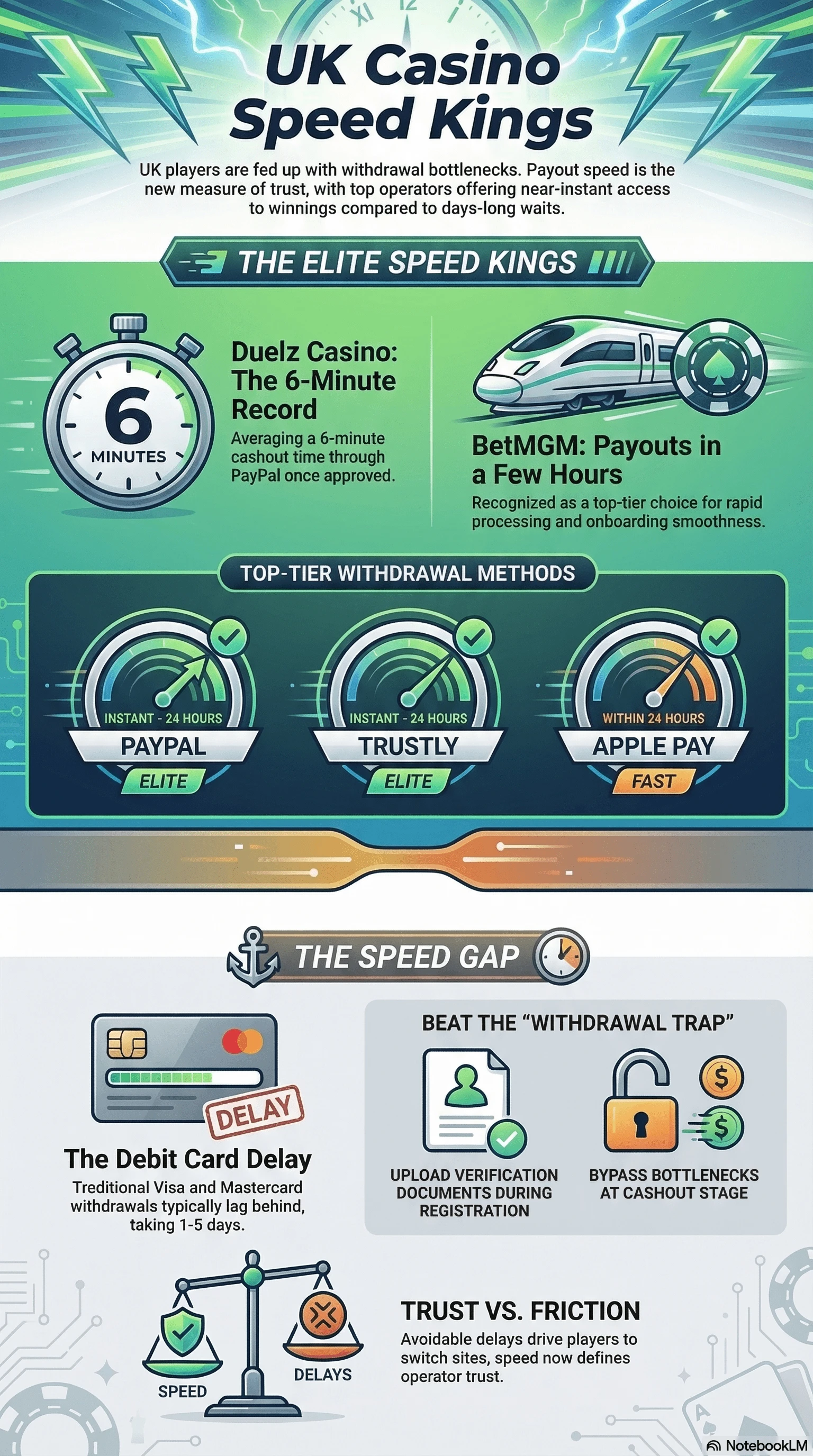 A mobile screenshot of an infographic on casino payout speeds and methods