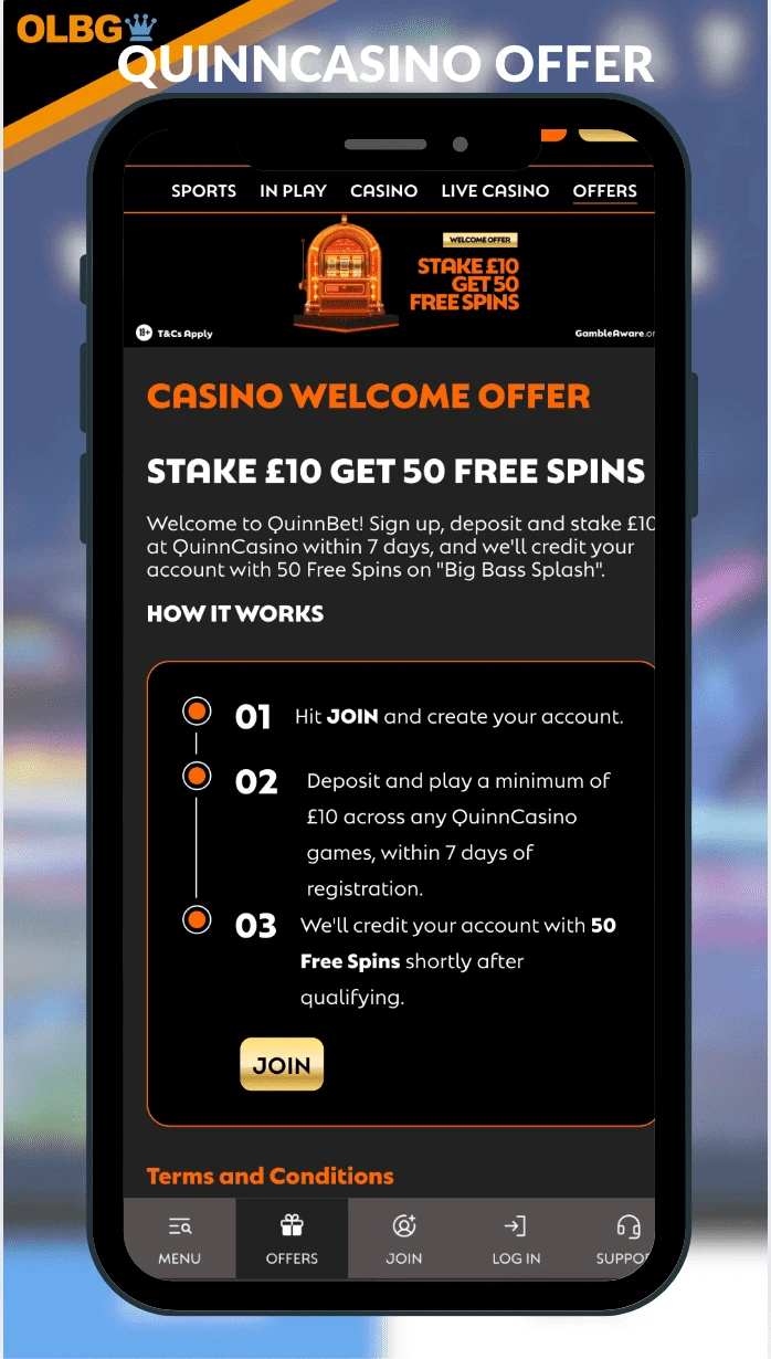 A branded screenshot of the QuinnCasino welcome offer