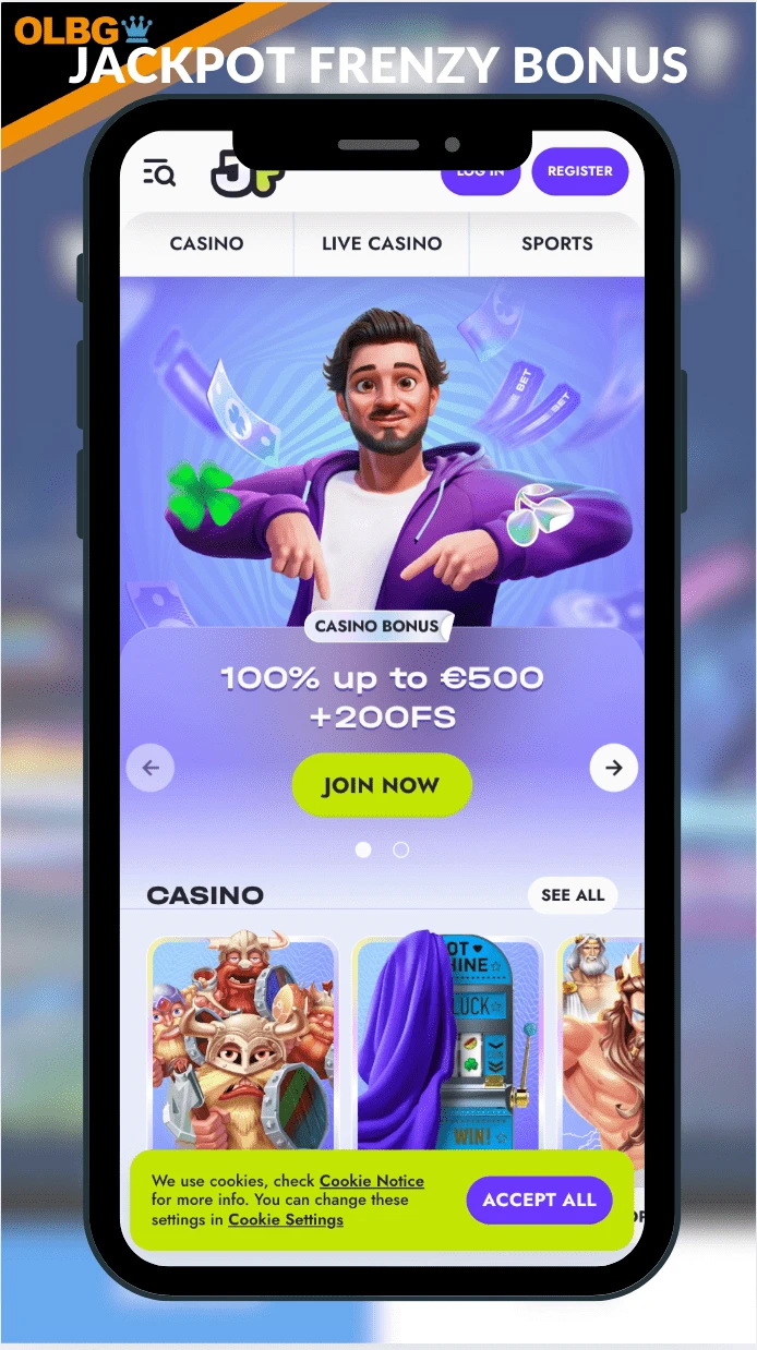 A screenshot of the Jackpot Frenzy Casino welcome offer