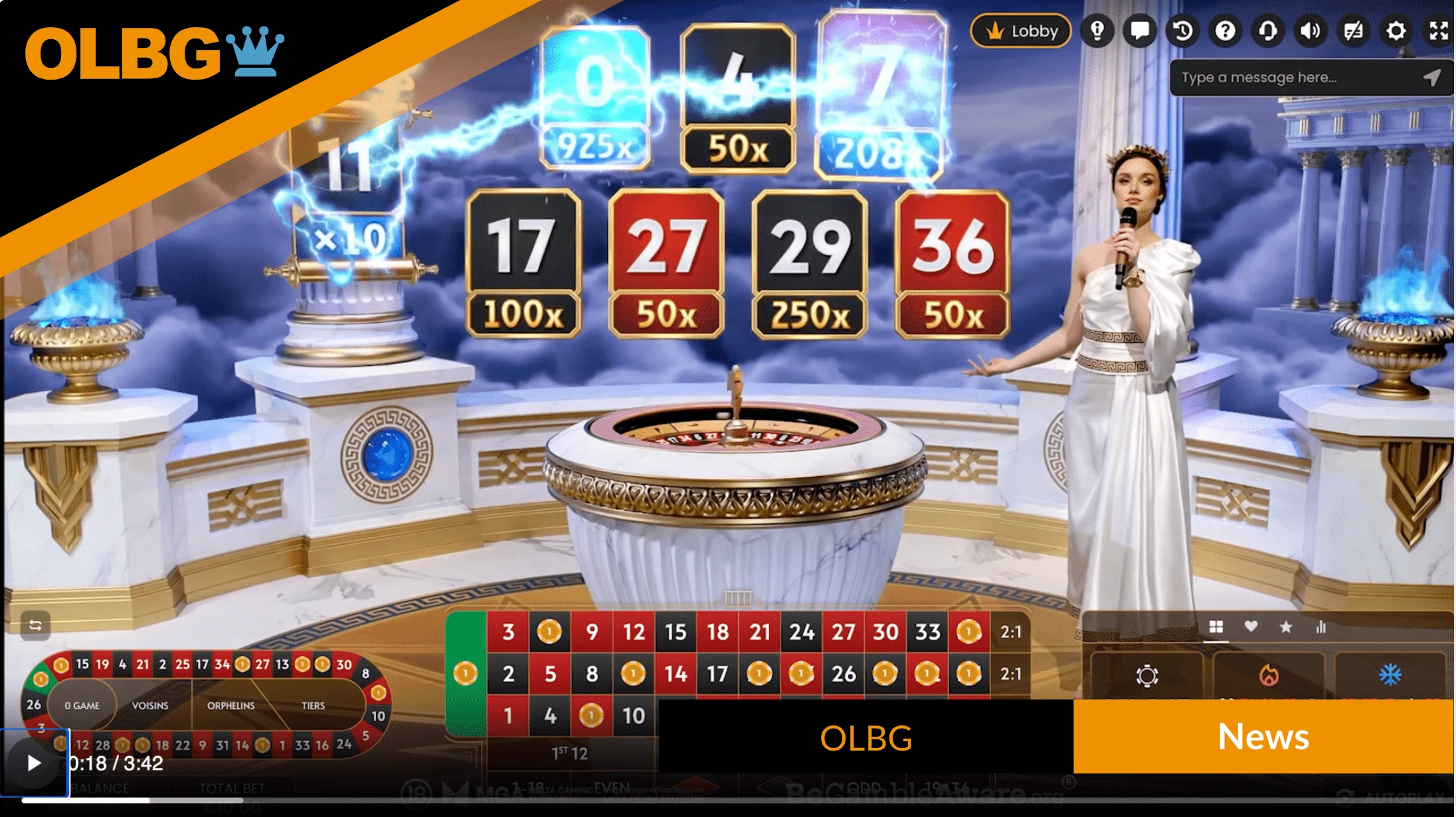 A live screenshot from Pragmatic's new Gates of Olympus Roulette game