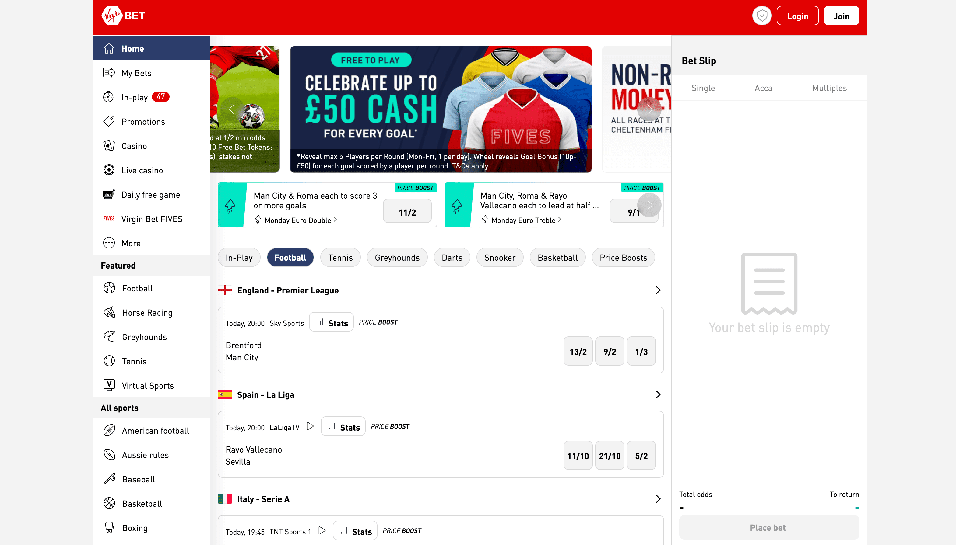Screenshot of the Virgin Bet sportsbook home page
