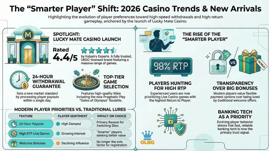 A visual overview highlighting the launch of Lucky Mate Casino with its UKGC license and 24-hour fast withdrawals, alongside new trends emphasizing high RTP games and player preferences over big welcome bonuses.