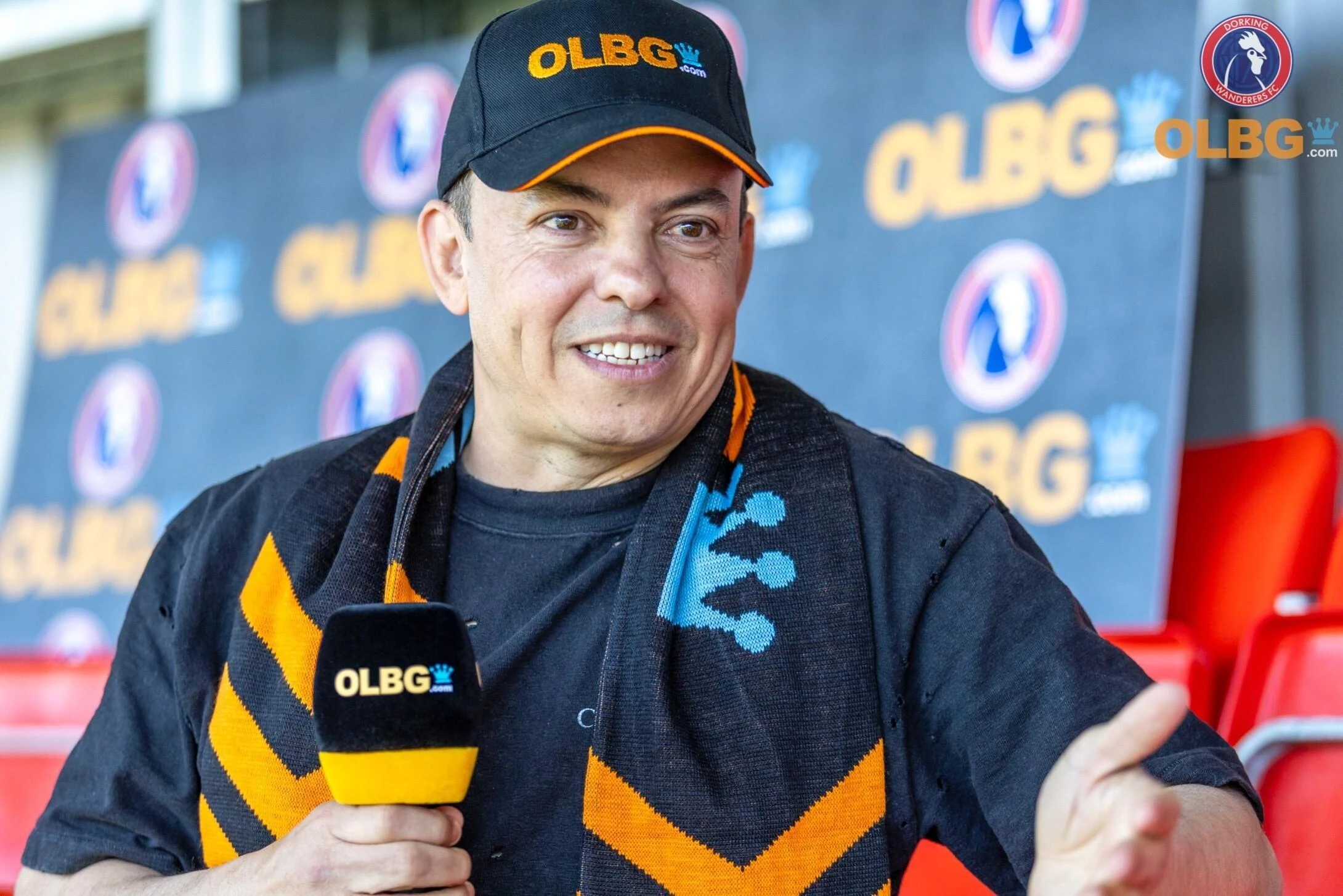 Marc White Dorking Wanderers Manager in OLBG branded gear