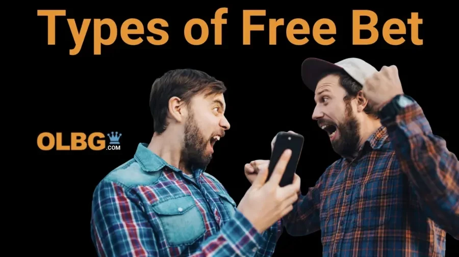 Sub section cover image with a text title of Types of Free bets - the image includes 2 people celebrating with a mobile phone in hand