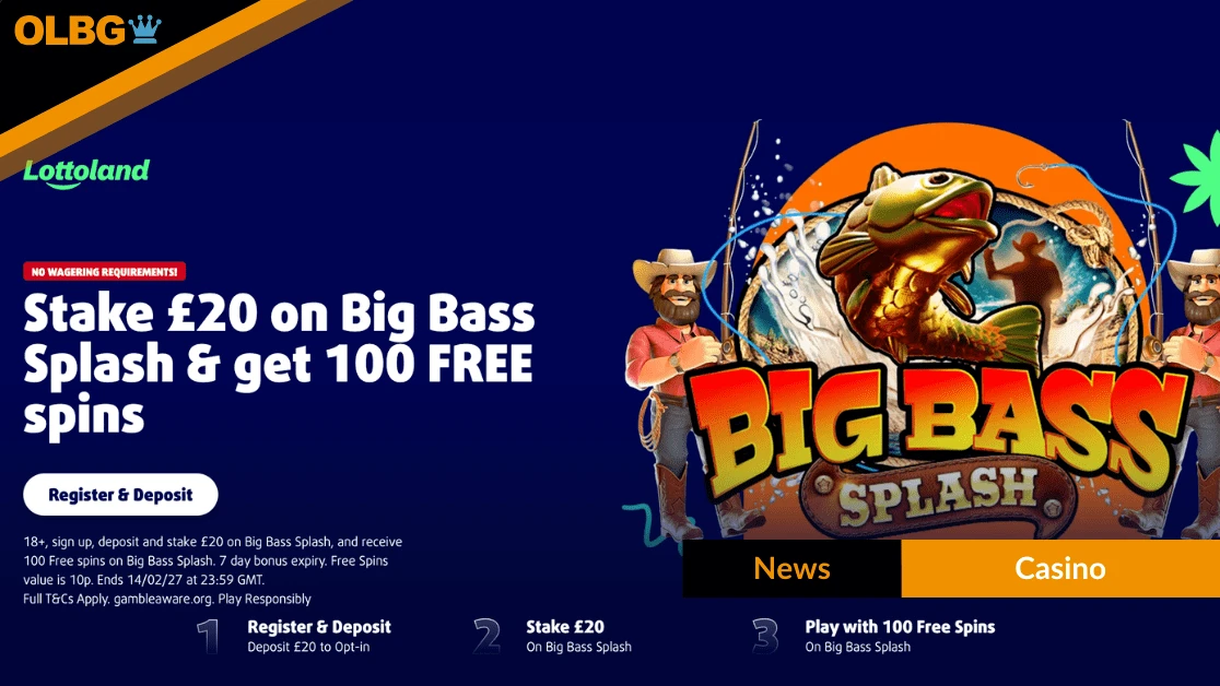 Lottoland Offer: 100 Free Spins on Big Bass Splash for £20 Stake when you join
