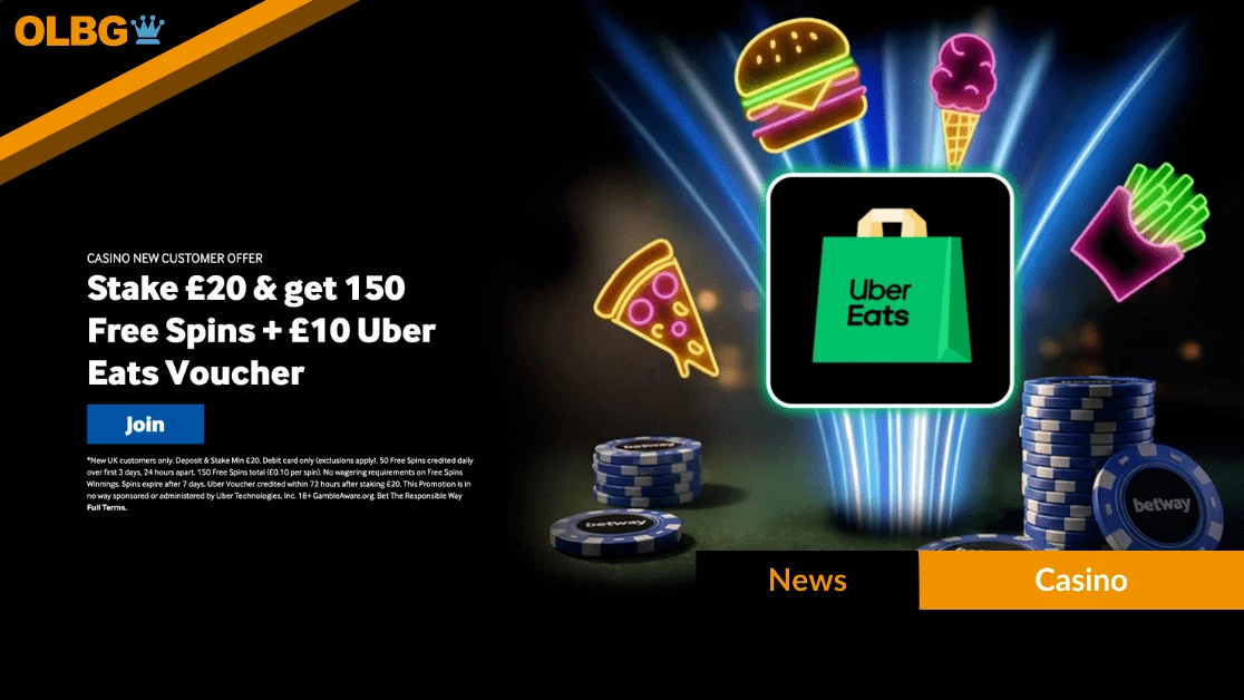 Betway Casino Welcome: Bet £20 Get 150 Free Spins + Uber Eats £10 Voucher