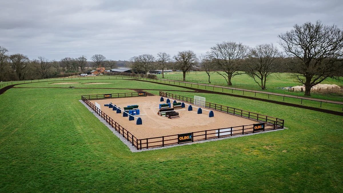 Aerial photo of the school and training jumps at Harry Derham Racing 