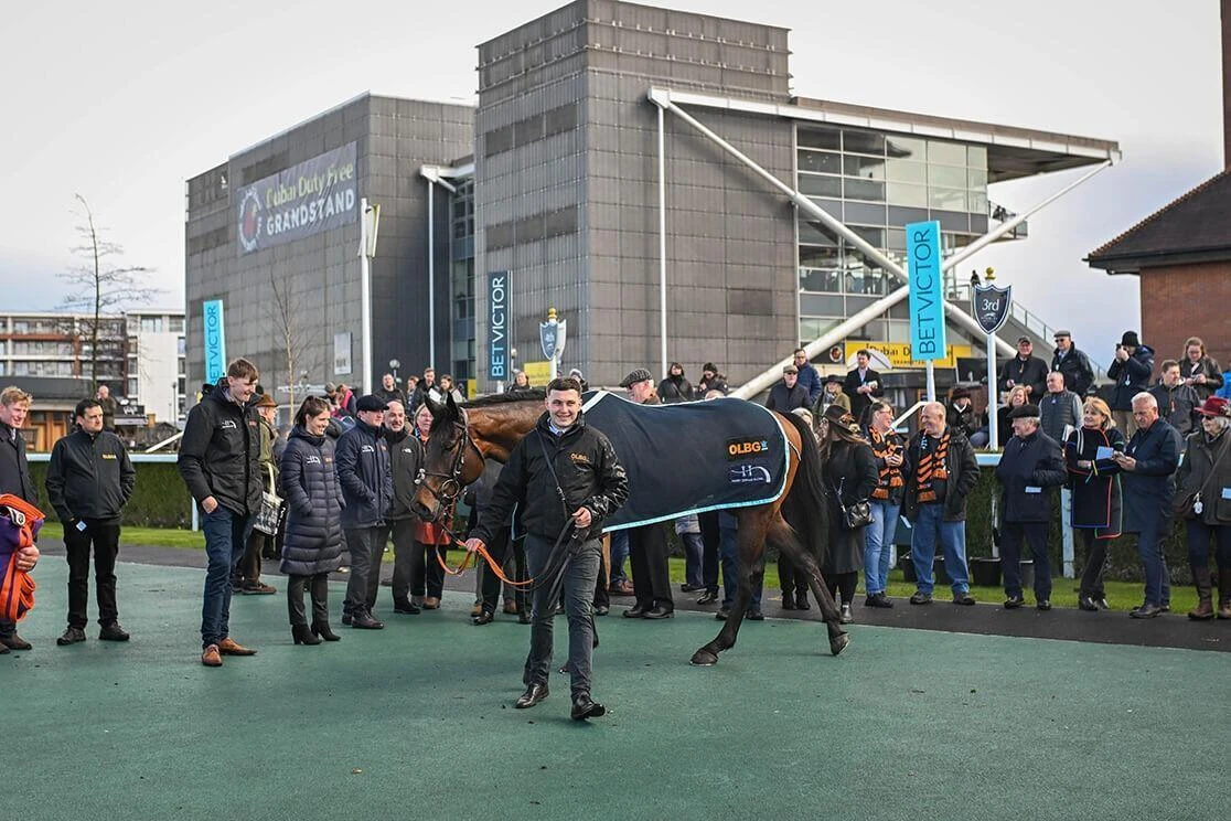 OLBG Racing Club Horse Lario in the Winners Enclosure at Newbury Racecourse