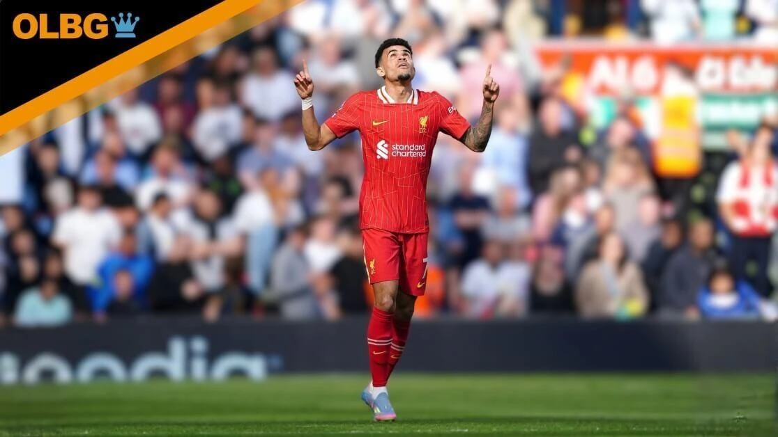 Liverpool's Luis Diaz celebrates scoring their side's first goal of the game following a VAR check during the Premier League match at Anfield, Liverpool