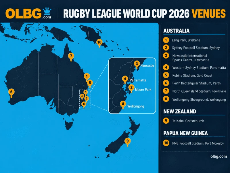 Map of the Rugby League World Cup 2026 venues across Australia, New Zealand and Papua New Guinea