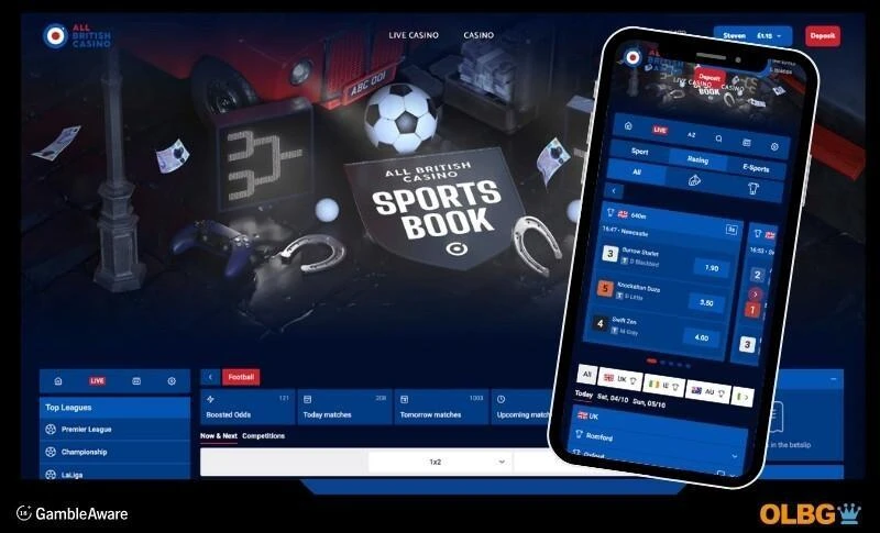 Screenshots showing the allbritish casino betting site sports home screen and racing on mobile phone