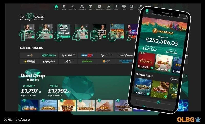 screenshots of what the bet365 online casino site looks like on desktop and on a mobile device