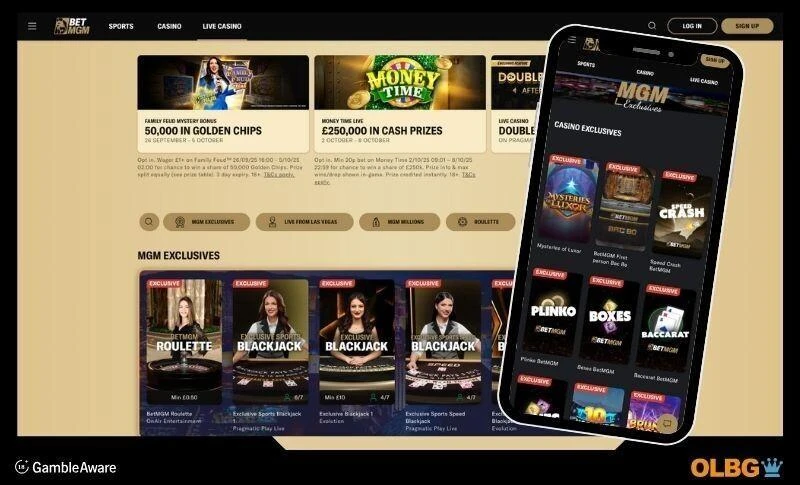 Screenshot views of the BetMGM casino site including live casino options on desktop and the BetMGM exclusives on mobile