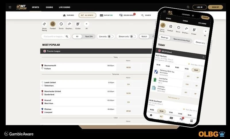 Screenshot view of the BetMGM betting site, with football on desktop view and horse racing on mobile view