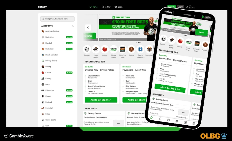 Betway betting site screenshots, showing a desktop view with a mobile phone view overlayed