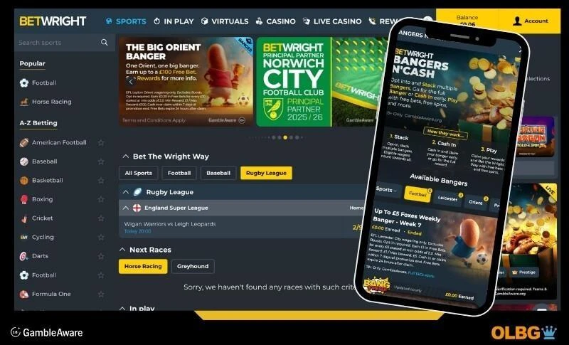 Screenshots of the Betwright sports betting site including desktop and mobile phone views
