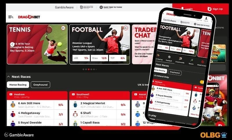 Dragonbet sports betting site screenshots of desktop and mobile device views