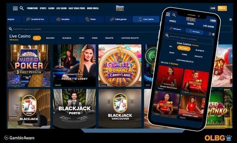 Screenshots of the Duelz casino site with live casino options for desktop and mobile device images