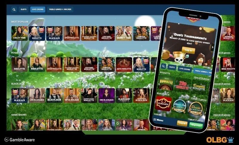 Screenshots of the Duelz casino site with live casino options for desktop and mobile device images