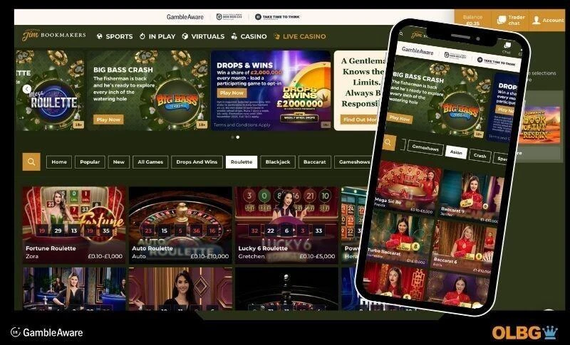 Screenshots of the gentleman Jim casino site, with desktop and mobile device views
